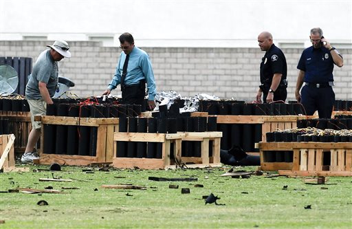 Police officials investigate a site in Simi Valley, Calif., Friday where an explosion Thursday injured more than two dozen people at a fireworks display. The explosion occurred when a wood platform holding live fireworks tipped over, sending the pyrotechnics into the crowd of spectators.