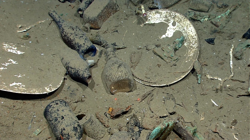 A variety of artifacts including ceramic plates, platters and bowls, as well as glass liquor, wine, medicine and food storage bottles of many shapes and colors were found inside a wrecked ship's hull in the Gulf of Mexico about 170 miles from Galveston, Texas.