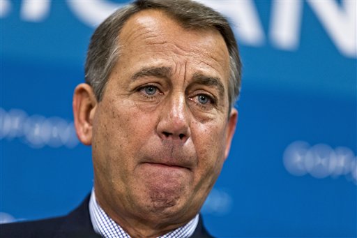 House Speaker John Boehner of Ohio meets with reporters on Capitol Hill Tuesday following a Republican strategy session.