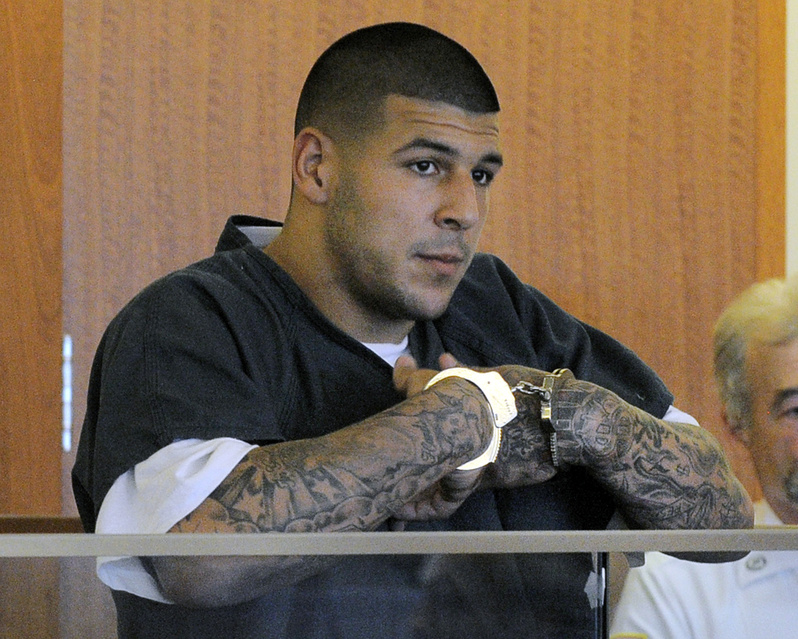 Former New England Patriots football tight end Aaron Hernandez listens during a bail hearing in June at Fall River Superior Court in Massachusetts.