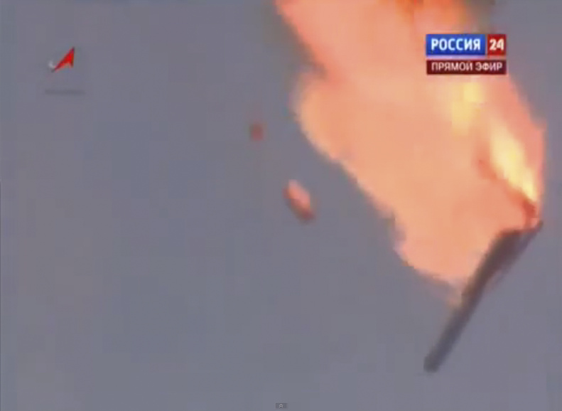 In this frame grab made from TV footage, a Russian booster rocket carrying three satellites crashes at a Russia-leased cosmodrome in Kazakhstan on Tuesday shortly after the launch.