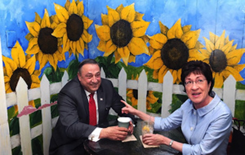 In this July 2010 file photo, U.S. Sen. Susan Collins, R-Maine, and then-Republican gubernatorial candidate Paul LePage have coffee together. Collins and former U.S. Sen. Olympia Snowe will be honorary hosts of a LePage re-election campaign fundraiser Tuesday, July 2, 2013.