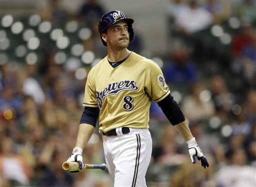 Milwaukee Brewers' Ryan Braun reacts after striking out after pinch hitting during the 11th inning of a game against the Miami Marlins on Sunday in Milwaukee. Braun, who has been suspended without pay for the rest of the season, admits he "made mistakes" in violating Major League Baseball's drug policies.