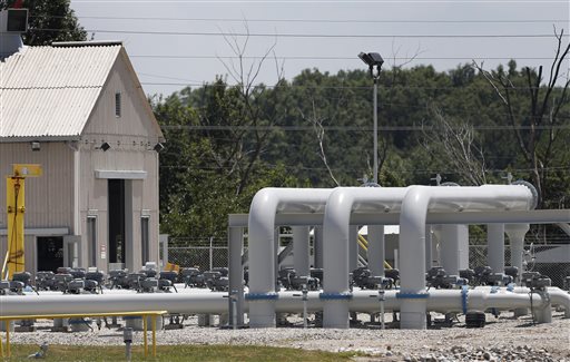 Pipe extends above ground at the Enbridge Key Terminal near Salisbury, Mo. The company hopes to begin construction of the Flanagan South pipeline in early August.