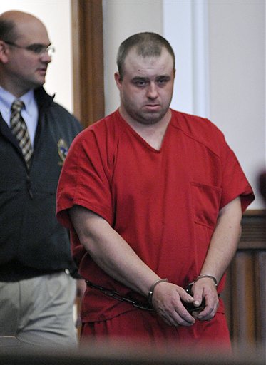 Allen Prue is led into court Wednesday, March 28, 2012 in St. Johnsbury, Vt. The snow plow driver and his wife are accused of assaulting and killing of a Vermont prep school teacher and dumping her naked body in the Connecticut rive. (AP Photo/Caledonian-Record, Michael Beniash, Pool)