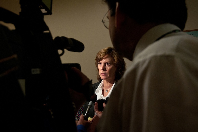 New Hampshire Senior Assistant Attorney General Susan Morrell talks with reporters after the extradition hearing for James Robarge, 43, at Windham District Court in Brattleboro, Vt., on July 8, 2013. Robarge is charged in New Hampshire with the second-degree murder of his wife, Kelly Robarge, but he is currently held on charges unrelated to his wife's death. Robarge maintained his right to extradition and the state of New Hampshire has 30 days to officially request his return to be tried for the murder. (AP Photo/Valley News, Libby March) valley news;upper valley;court;charlestown homicide;homicide;murder;brattleboro;robarge;james robarge