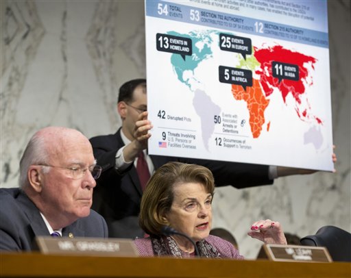 With a chart listing thwarted acts of terrorism, Senate Judiciary Committee Chairman Sen. Patrick Leahy, D-Vt., left, and Sen. Dianne Feinstein, D-Calif., right, chair of the Senate Intelligence Committee, question top Obama administration officials on Capitol Hill Wednesday.
