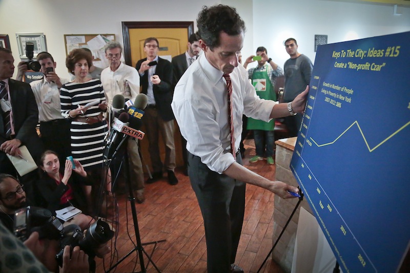 Anthony Weiner, New York mayoral candidate, displays a graphic during a news conference, Thursday, July 25, 2013, in New York. Weiner introduced his proposal for a "non profit czar" should he become mayor. A new poll suggests his new sexting scandal is taking a toll on his mayoral prospects. City Council Speaker Christine Quinn leads in the Democratic primary race 25 percent to Weiner's 16 percent. (AP Photo/Bebeto Matthews)