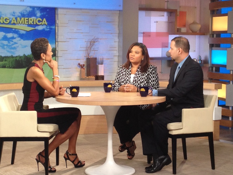 This image released by ABC shows host Robin Roberts, left, with Juror B29 from the George Zimmerman trial, center, and attorney David Chico on "Good Morning America," in New York on Thursday. The full interview will air on "Good Morning America" on Friday.