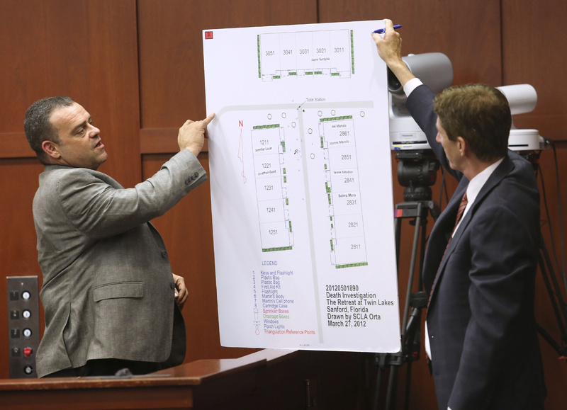 Defense attorney Mark O'Mara, right, questions Sanford, Fla., police Detective Chris Serino during the George Zimmerman trial in Seminole circuit court Tuesday in Sanford.