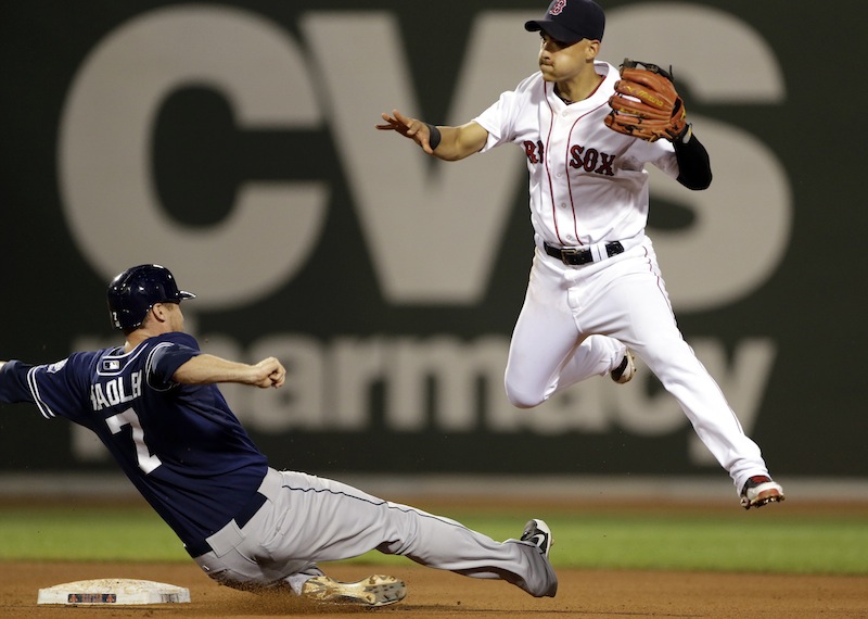 San Diego Padres' Chase Headley (7) tries unsuccessfully to break up a double-play turned by Boston Red Sox shortstop Jose Iglesias during the sixth inning of an interleague baseball game at Fenway Park in Boston, Wednesday, July 3, 2013. (AP Photo/Elise Amendola)