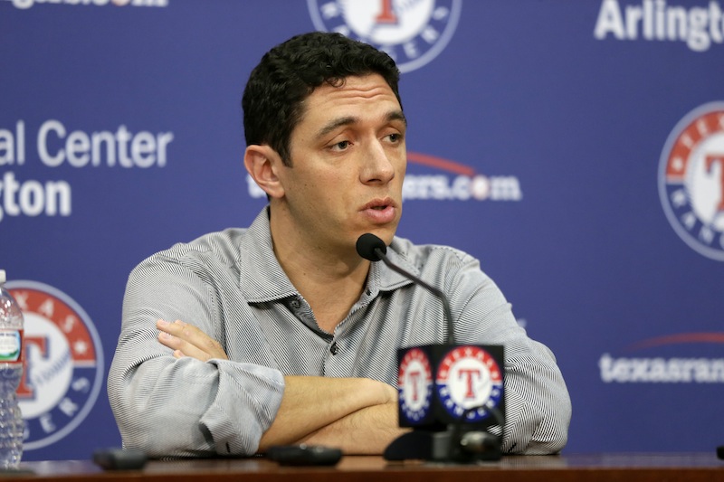 Texas Rangers President of Baseball Operations and General Manager Jon Daniels responds to a reporters questions during a news conference before a baseball game against the Seattle Mariners Wednesday, July 3, 2013, in Arlington, Texas. The Rangers have signed Manny Ramirez to minor league contract. Ramirez spent three months playing in Taiwan for the Rhinos before leaving the team on June 20. The Rangers made the announcement Wednesday. (AP Photo/Tony Gutierrez)
