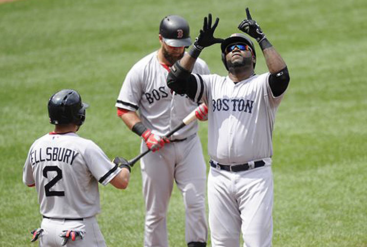 Boston Red Sox designated hitter David Ortiz, right, celebrates his two-run home run near teammate Jacoby Ellsbury (2) during the third inning against the Baltimore Orioles on Sunday in Baltimore.