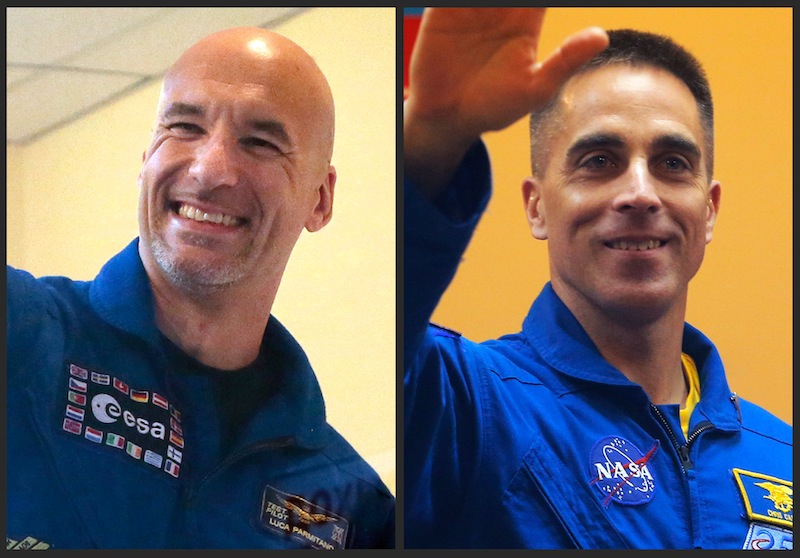 This combination of 2013 file photos shows European Space Agency astronaut Luca Parmitano of Italy, left, and U.S. astronaut Christopher Cassidy in the Baikonur cosmodrome in Kazakhstan. In one of the most harrowing spacewalks in decades, Parmitano had to rush back into the International Space Station on Tuesday, July 16, 2013 after a mysterious water leak inside his helmet robbed him of the ability to speak or hear and could have caused him to choke or even drown. His spacewalking partner, Cassidy, had to help him inside after NASA quickly aborted the spacewalk. (AP Photo/Mikhail Metzel, Dmitry Lovetsky)