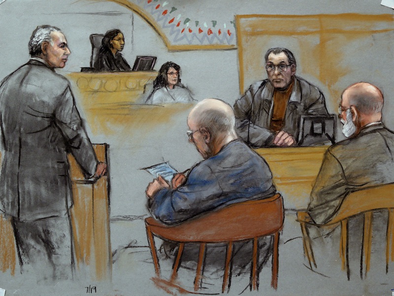 This courtroom sketch depicts Stephen "The Rifleman" Flemmi, upper right, on the witness stand as defendant James "Whitey" Bulger listens, seated middle, next to his defense attorney J. W. Carney Jr., seated far right, while prosecutor Fred Wyshak, standing left, questions Flemmi during Bulger's racketeering and murder trial at U.S. District Court in Boston, Friday, July 19, 2013. Flemmi, who was once Bulger's loyal partner, has recounted multiple killings he says Bulger was involved in, either as a triggerman or a driving force. (AP Photo/Jane Flavell Collins)