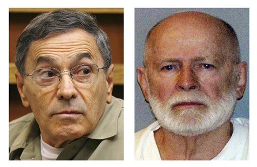Stephen "The Rifleman" Flemmi, left, in a Sept. 22, 2008, photo, when he testified in a Miami court in the murder trial of former FBI agent John Connolly; and James "Whitey" Bulger, right, in a June 23, 2011, booking photo provided by the U.S. Marshals Service.