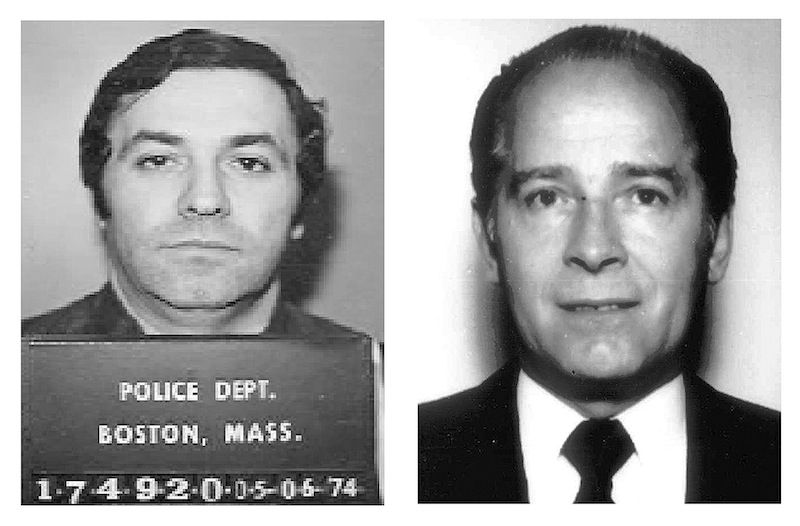This pair of file booking photos shows Stephen "The Rifleman" Flemmi, left, in 1974 from the Boston Police Department, and James "Whitey" Bulger, right, in 1984 from the FBI. Flemmi, Bulger's alleged former partner serving a life sentence after pleading guilty to 10 killings, is expected to testify in Bulger's trial Thursday, July 18, 2013 in federal court in Boston. Bulger, now 83, is accused in a 32-count racketeering indictment and in playing a role in 19 killings in the 1970s and ‘80s while he allegedly led the Winter Hill Gang in Boston. (AP Photos/File)