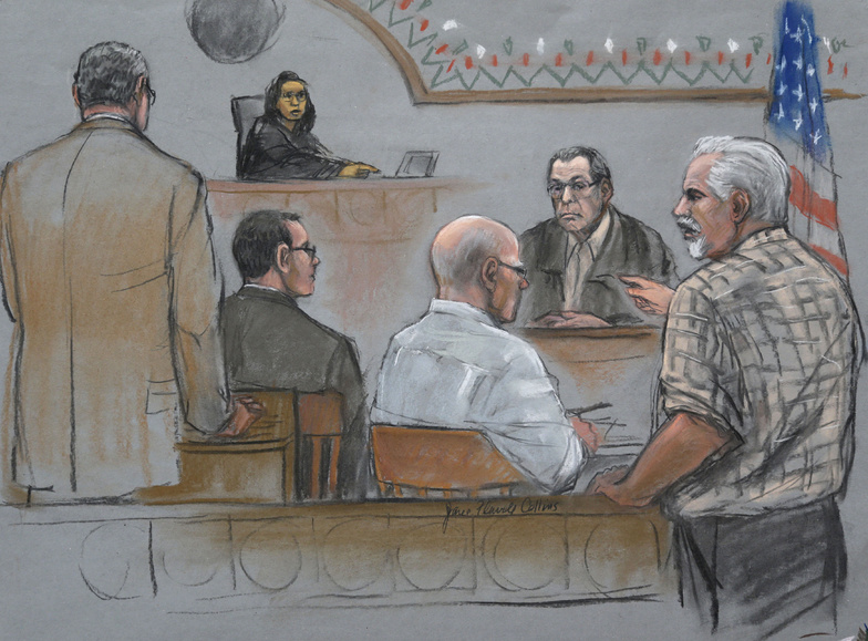 This courtroom sketch depicts Steve Davis, right, brother of homicide victim Debra Davis, who was allegedly killed by James "Whitey" Bulger, center, as Davis explodes in anger after Bulger's former partner Stephen "The Rifleman" Flemmi, behind right, misidentified him as a drug user and informant at U.S. District Court, in Boston on Monday. U.S. federal judge Denise Casper, behind top left, prosecutor Assistant U.S. Attorney Fred Wyshak, left, and Bulger defense attorney Hank Brennan, center left, are depicted in the courtroom.