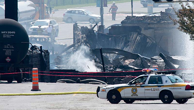 Burnt buildings are seen Sunday following a train derailment causing explosions of railway cars carrying crude oil in Lac Megantic, Quebec. Two more bodies were discovered overnight after a runaway train carrying crude oil derailed in eastern Quebec, igniting explosions and fires that destroyed a town's downtown center. The confirmed death toll is now three, and is expected to rise further. Canada