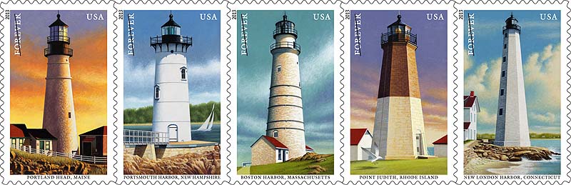 A series of new postal stamps features images of the New England coastal lighthouses, from left, Portland Head, Portsmouth Harbor, Boston Harbor, Point Judith and New London Harbor.