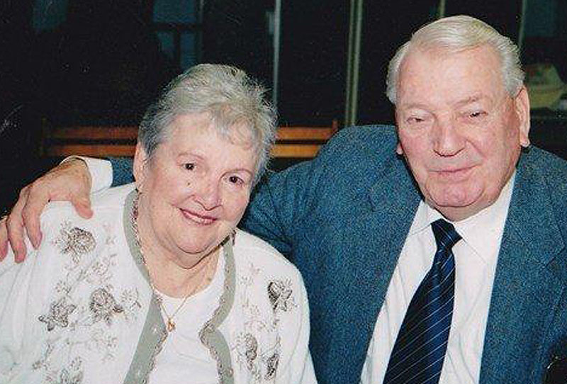 Joseph E. “Tim” Dufour poses with his wife, the former Lauretta O’Brion, whom he married in 1947. She died last year.