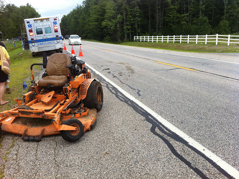 A commercial lawn mower was heavily damaged Sunday afternoon on Carl Broggi Highway in Lebanon when a van struck it. Rescue personnel evaluated the operator, but he refused to be taken to the hospital. Summer 2013