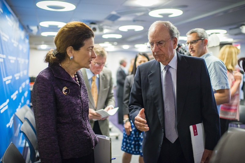 Former Maine Sens. Olympia Snowe and George Mitchell talk Wednesday following a press conference in Washington D.C. during which they unveiled a Bangladesh factory safety agreement among major North American clothing retailers who work with garment factories. Mitchell and Snowe facilitated the discussions with retailers as part of the Bipartisan Policy Center, an organization co-founded by Mitchell.
