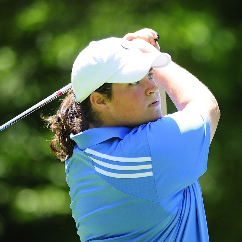 Emily Bouchard of Saco shot a second-round 77 on Tuesday, July 30, 2013 to take the lead in the Maine Women's Amateur golf championships at the Brunswick Golf Club.