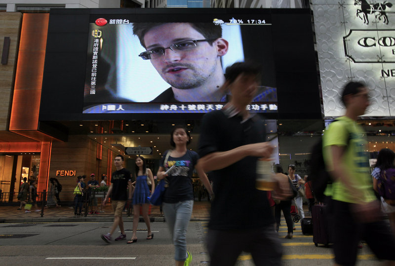 Edward Snowden, who leaked top-secret documents about surveillance programs, is shown on a TV screen in a Hong Kong shopping mall, in a photo taken June 23.