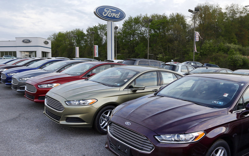 New Ford Fusions are ready for sale at a dealership in Zelienople, Pa.