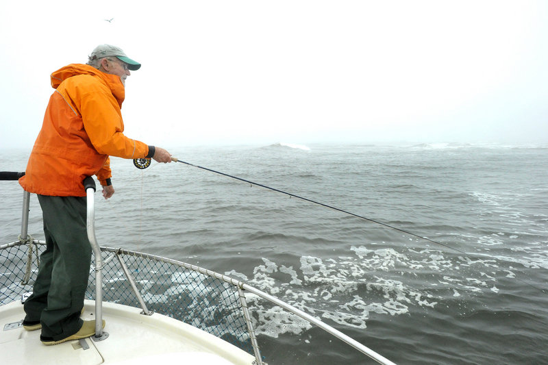 Duncan Barnes tests the waters of the Kennebec River for striper viability, casting from the bow of Capt. Dave Pecci’s boat on a July 2 mission that they found encouraging after reeling in a couple small fish.