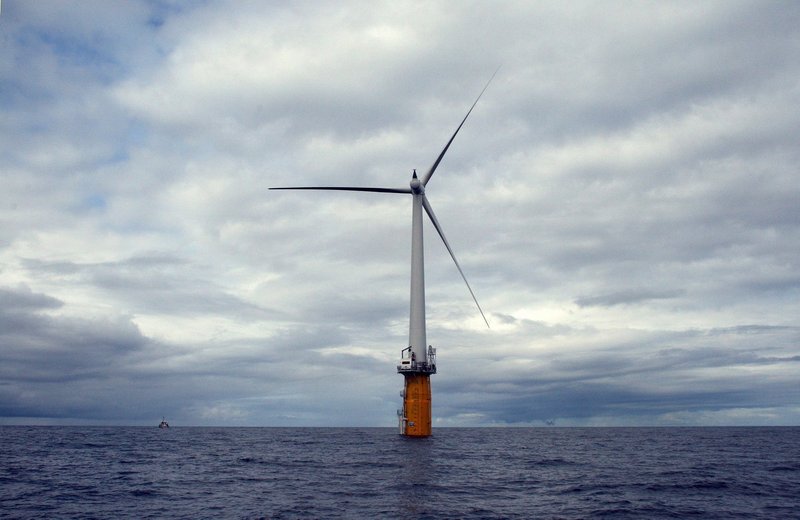 Statoil had planned to install floating wind turbines off Boothbay Harbor that would resemble this test turbine, now producing power off Norway. The firm is suspending its work in Maine until it’s sure it has a deal to sell power here.