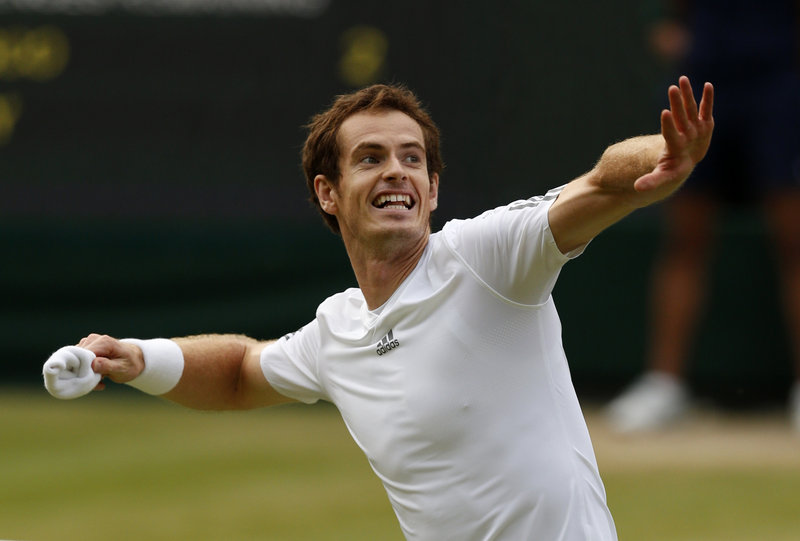 Andy Murray throws his wristband to the crowd Wednesday after climbing out of a two-set hole and reaching the Wimbledon men’s semifinals by scoring a 4-6, 3-6, 6-1, 6-4, 7-5 victory against Fernando Verdasco of Spain. Next for Murray: Jerzy Janowicz of Poland.