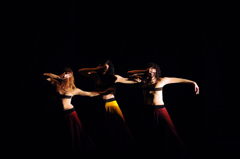 Dancer-choreographer Nejla Y. Yatkin, center, with NY2Dance company members Karina Lesko, left, and Sevin Ceviker rehearse for “Oasis.”
