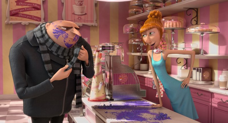 Gru, voiced by Steve Carell, and Lucy Wilde, voiced by Kristin Wiig, in “Despicable Me 2.”