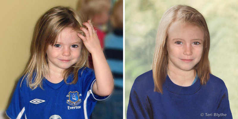 Madeleine McCann is shown at left at age 3, and an age progression image shows how she might look now.