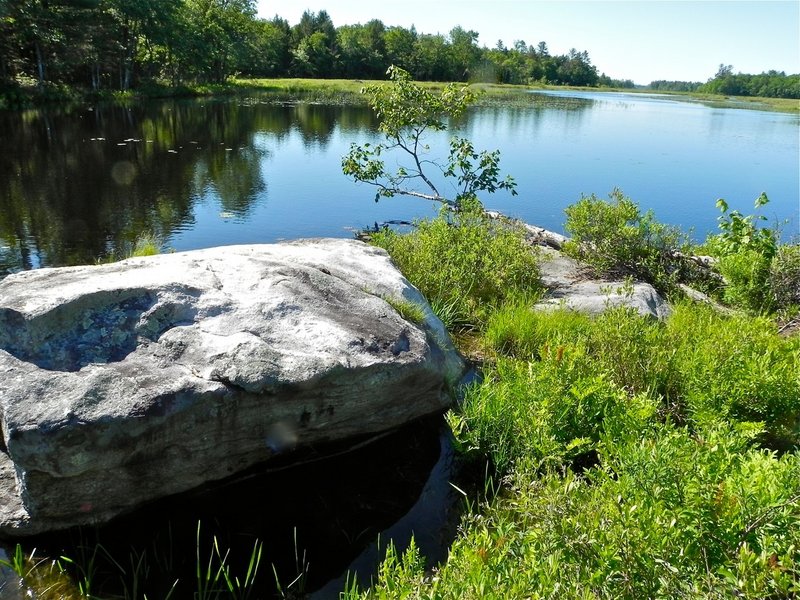 Shorefront boulders provide for convenient resting and lunch spots after a couple hours of robust paddling.