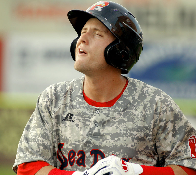 Kolbrin Vitek shows his disgust after grounding into a double play Saturday during the Sea Dogs’ 9-4 defeat against the New Britain Rock Cats.