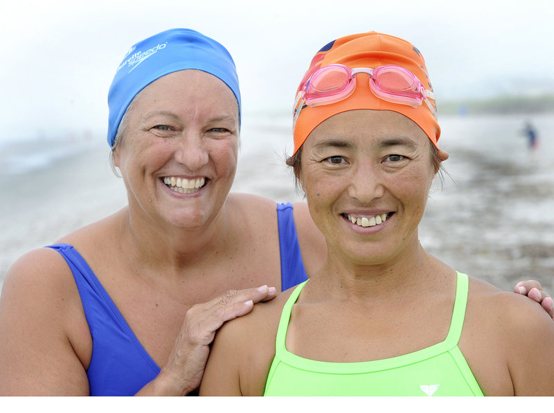 Japanese marathon open water swimmer Miyuki Fujita, right, and Westbrook’s Pat Gallant-Charette are two of the entrants for Saturday’s Peaks to Portland swim.
