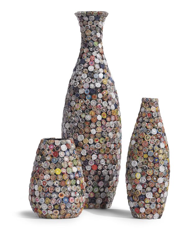 These vases and nesting boxes began as other paper products and were recycled into new life.