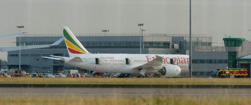 An Air Ethiopian 787 Dreamliner sits at Heathrow Airport in London on Friday after a fire started on board the empty aircraft. Boeing, maker of the 787, saw its stock dive largely on investors’ concerns about the plane’s lithium-ion batteries.