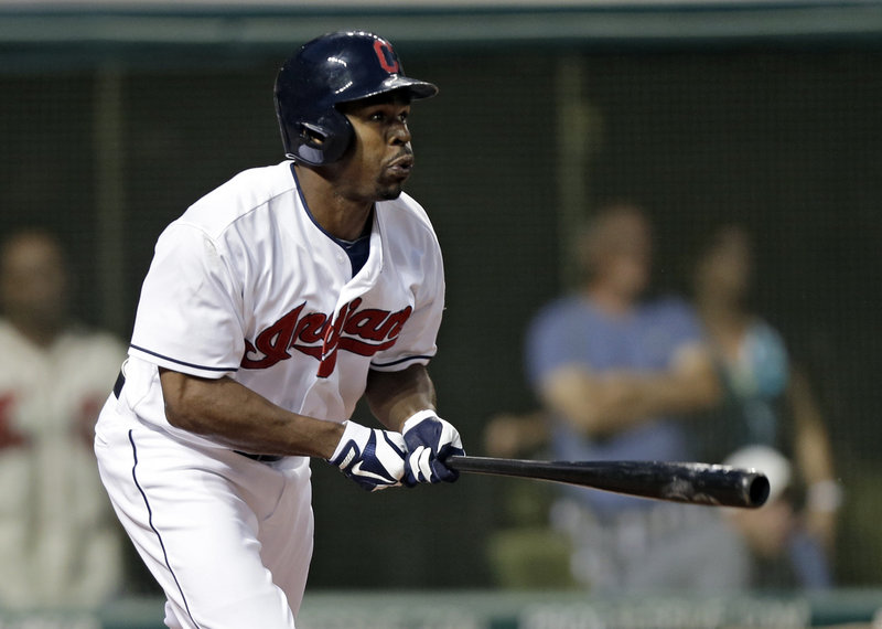 Cleveland’s Michael Bourn doubles to drive in a pair of runs in the seventh inning of the host Indian’s 3-0 victory over the Kansas City Royals on Friday night.