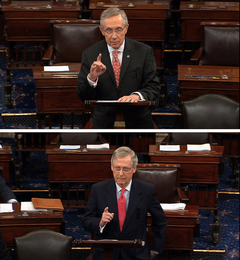 Sen. Harry Reid, top photo, is considering a change to Senate rules for confirmation votes on President Obama’s administrative positions. Sen. Mitch McConnell, bottom photo, disapproves.