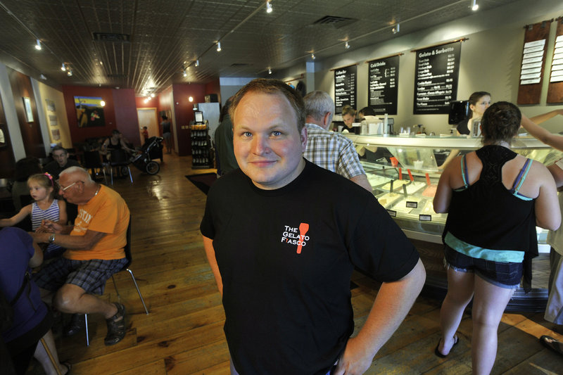 Co-founder Josh Davis spends time at Gelato Fiasco’s flagship shop on Maine Street in Brunswick. The company’s premium gelato is sold in about 1,000 retail locations.