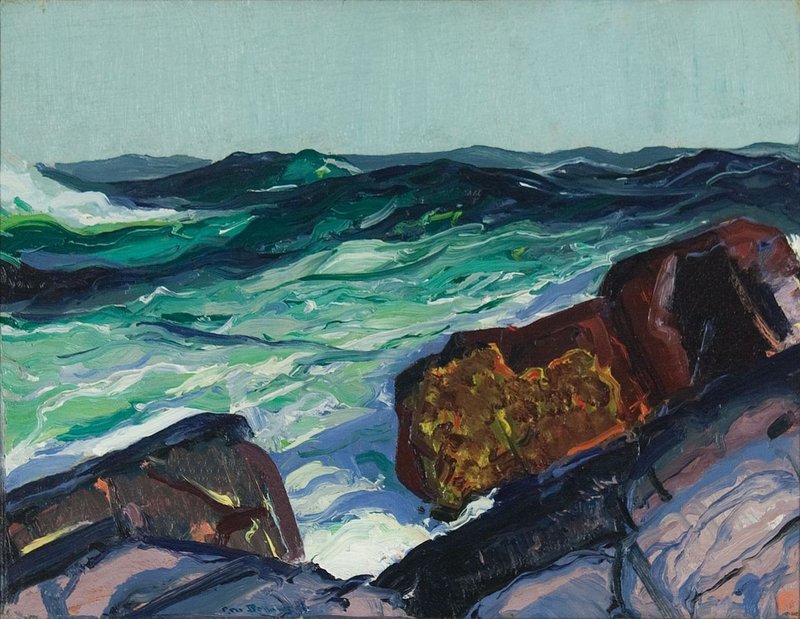 The colors and abstract forms in George Bellows’ “Iron Coast, Monhegan,” reflect modernist influences.