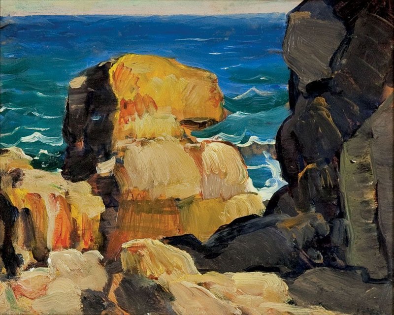 The colors and abstract forms in Leon Kroll’s “Monhegan Rocks” reflect modernist influences. Courtesy Monhegan Museum