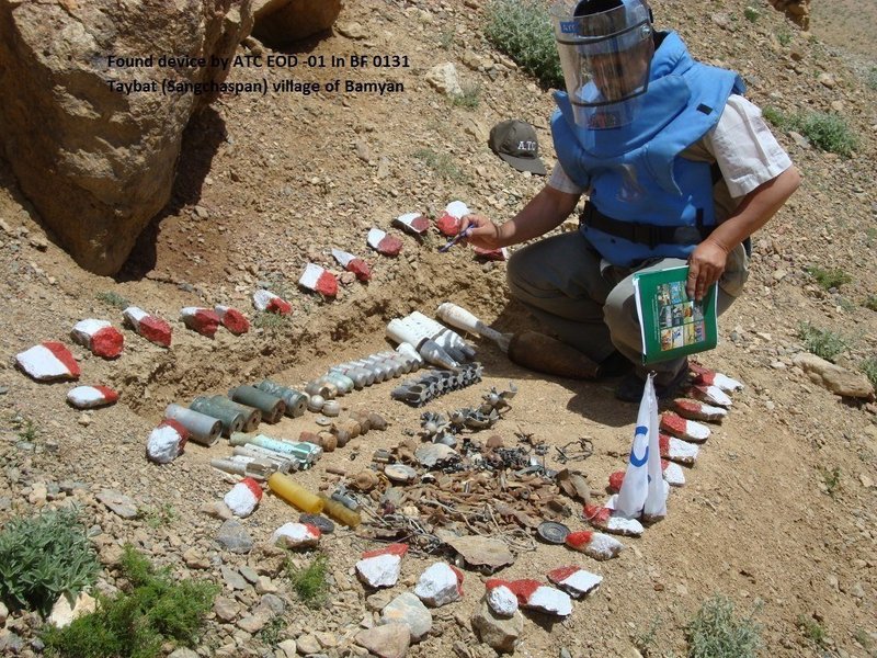 A member of a U.N.-funded demining team shows some of the ordnance recovered from what is believed to be a firing range used by New Zealand troops near their recently closed base in Bamiyan province, Afghanistan.