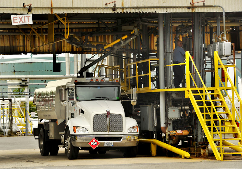 A vehicle from Fielding Oil fills up with heating oil at the Sprague Energy terminal in South Portland on Thursday.