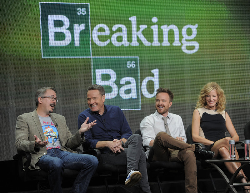 Vince Gilligan, left, creator of “Breaking Bad,” takes part in a panel discussion with cast members Bryan Cranston, center, and Aaron Paul on Friday in Beverly Hills, Calif.