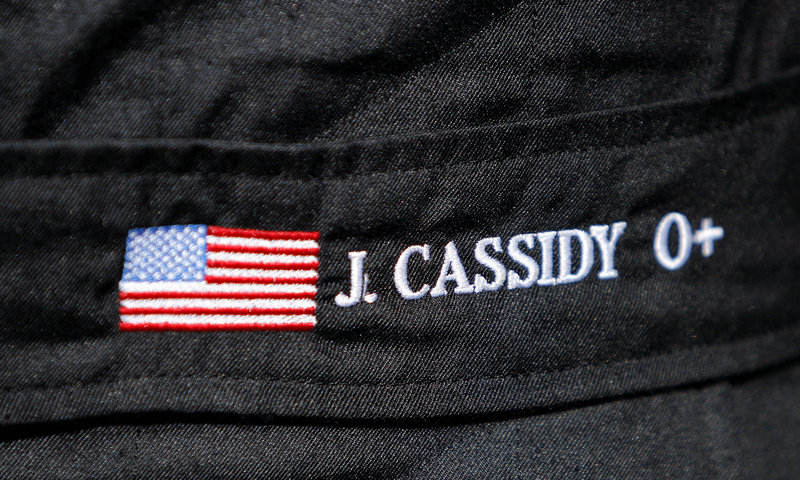 Racer John Cassidy’s firesuit displays his blood type, to help rescue workers in case of an emergency.